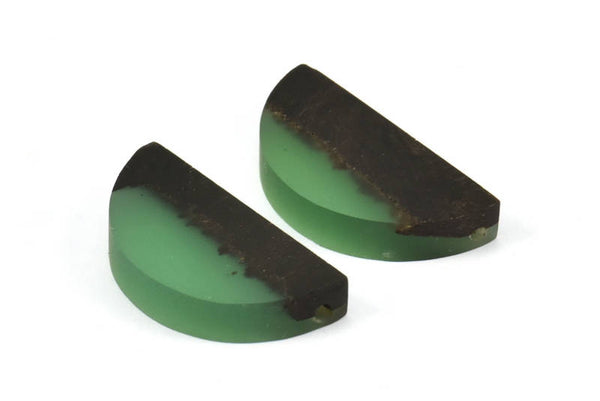 Resin&Wood Semicircle Pendant, 5 Green Black Half Moon Pendant with 2 Holes (32x16mm) X005