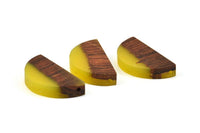 Resin&Wood Semicircle Pendant, 5 Yellow Brown Half Moon Pendant with 2 Holes (32x16mm) X003