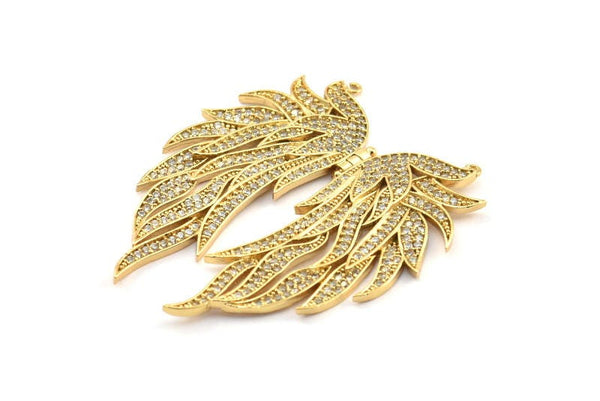 Gold Wing Necklace Pendant, Zircon Pave Gold Plated Wing Necklace Pendant With 2 Loops, Jewelry Findings (48x41mm) BS 2269
