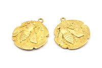 Brass Coin Pendant, 2 Raw Brass Coin Pendants With 1 Loop, Earring Findings, Charms (26x2.4mm) U021