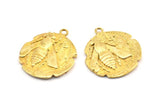 Brass Coin Pendant, 2 Raw Brass Coin Pendants With 1 Loop, Earring Findings, Charms (26x2.4mm) U021