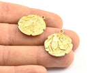 Brass Coin Pendant, 2 Raw Brass Coin Pendants With 1 Loop, Earring Findings, Charms (26x2.4mm) U021