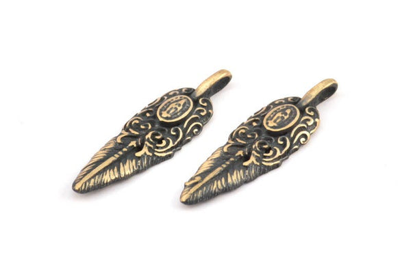Bronze Feather Pendant , 2 Oxidized Bronze Feather Charms, Necklace Findings (32x10mm) S566