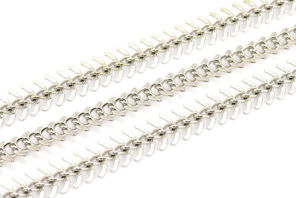 Fish Bone Chain, 2 Meters Silver Tone Textured Brass Fish Bone Chain (11mm ) Z063