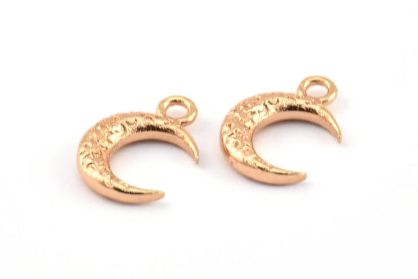 Rose Gold Moon Charm, 6 Rose Gold Plated Brass Textured Horn Charms With 1 Loop, Pendant, Jewelry Finding (12x4x3mm) N0335 Q0417