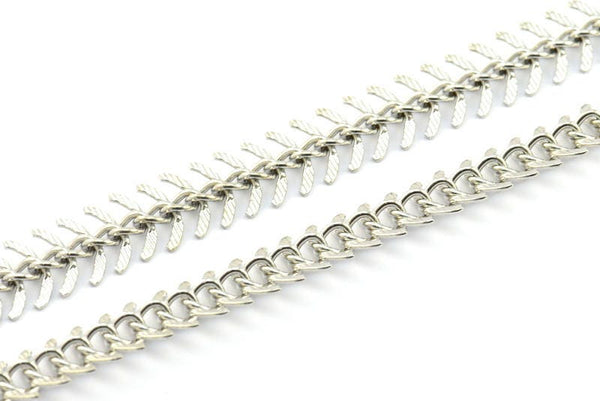 Fish Bone Chain, 2 Meters Silver Tone Textured Brass Fish Bone Chain (11mm) Z063