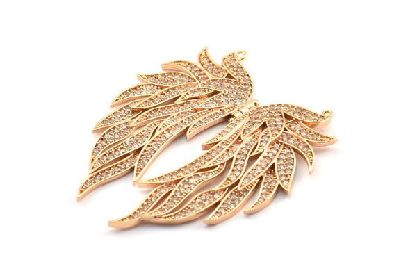 Rose Gold Wing Necklace Pendant, Zircon Pave Rose Gold Plated Wing Necklace Pendant With 2 Loops, Jewelry Findings (48x41mm) BS 2269
