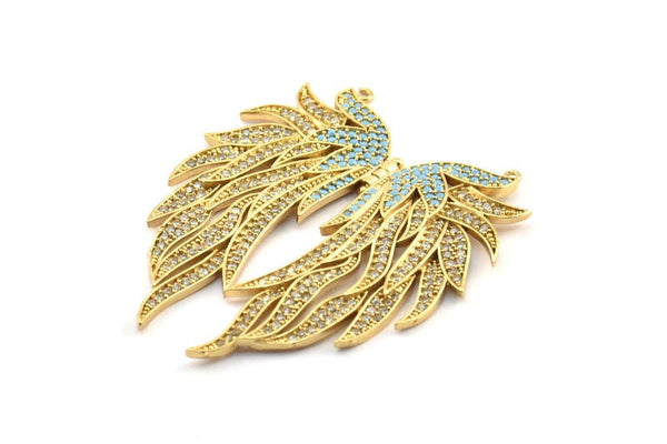 Gold Wing Necklace Pendant, Zircon Pave Gold Plated Wing Necklace Pendant With 2 Loops, Jewelry Findings (48x41mm) BS 2270
