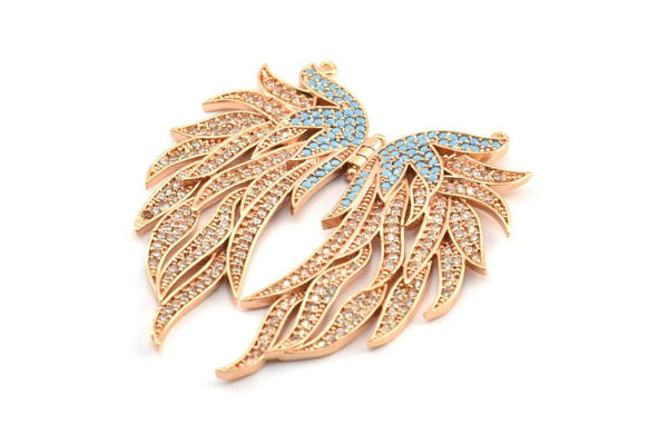 Rose Gold Wing Necklace Pendant, Zircon Pave Rose Gold Plated Wing Necklace Pendant With 2 Loops, Jewelry Findings (48x41mm) BS 2270