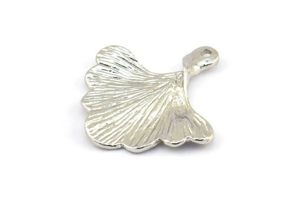 Ginkgo Leaf Pendant, 2 Silver Tone Brass Leaf Charms (26x25mm) N0393