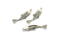 Antique Silver Koi Fish Charm, 6 Antique Silver Plated Brass Koi Fish Pendants, Jewelry Supplies, Findings (27x8mm) N0422