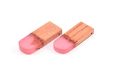 Resin&Wood D Shape Pendant, 2 Pink Brown D Shape Pendant with 2 Holes, Earrings (32x12.5x4mm) X031