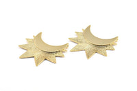 Moon and Sun , 1 Gold Plated Brass Crescent Moon and Semi Sun Ethnic Pendants with 2 Loops, Findings, Charms (36.5x41x0.9mm) U133 Q0422