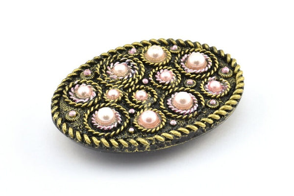 1 Vintage Handcraft Belt Buckle With Pink Plastic Pearls - Made in Germany 67x49mm BS 1305