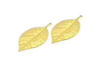 Brass Leaf Charm, 3 Raw Brass Leaf Pendant Charms Findings (60x30mm) A0496
