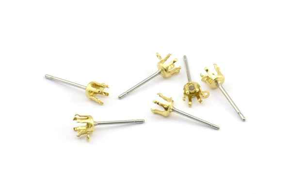 Earring Post Stud, 50 Stainless Steel Earring Posts With Raw Brass 3.5mm Pad And 1 Loop, Ear Studs E134