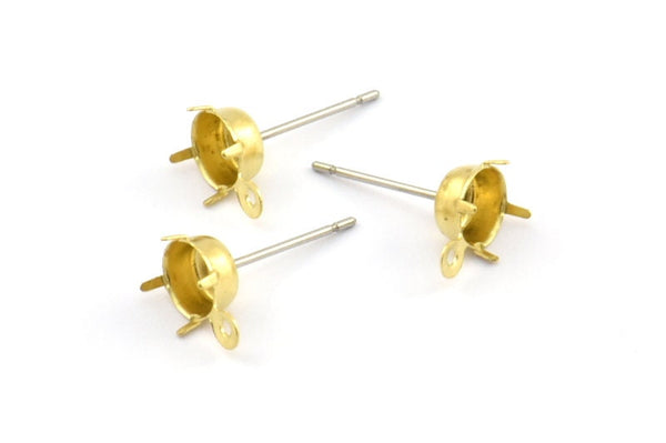 Earring Post Stud, 50 Stainless Steel Earring Posts With Raw Brass 4mm Pad And 1 Loop, Ear Studs E158