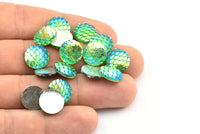Fish Scale Cabochon, 50 Green Resin Round Cabochon (12x3mm) TS-19 T069