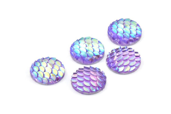 Fish Scale Cabochon, 50 Mermaid Purple Resin Round Cabochon (12x3mm) TS-14 T035