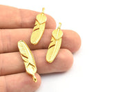 Gold Feather Pendant, 3 Gold Plated Brass Feather Charms, Feather Pendants (35x8mm) N0415