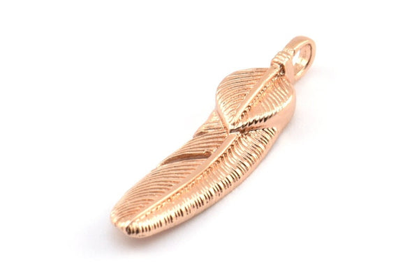 Gül Altın Tüy Kolye, 3 Gül Altın Kaplama Pirinç Tüy Tılsımı, Tüy Kolye Uçları (35x8mm) N0415