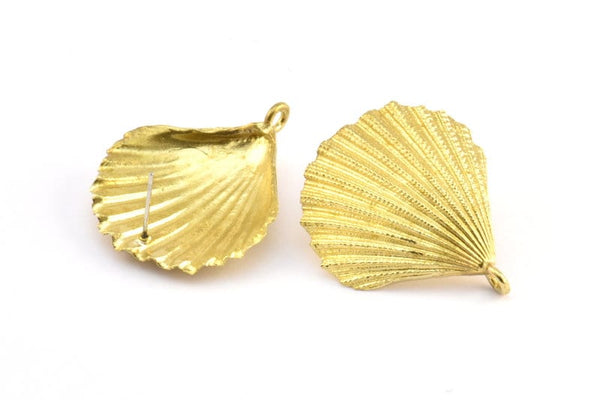 Brass Shell Earring, 2 Raw Brass Sea Shell Earring with 1 Loop, Charms, Findings (29x34mm) E283