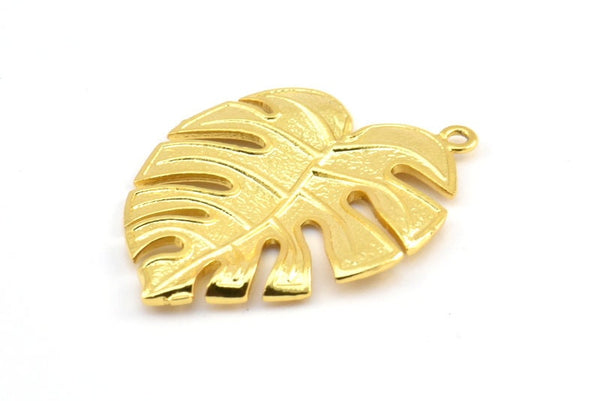 Altın Yapraklı Charm, 1 Altın Kaplama Pirinç Monstera Yapraklı Kolye Charms Bulguları (37x29,5x2,5 mm) BS 2047