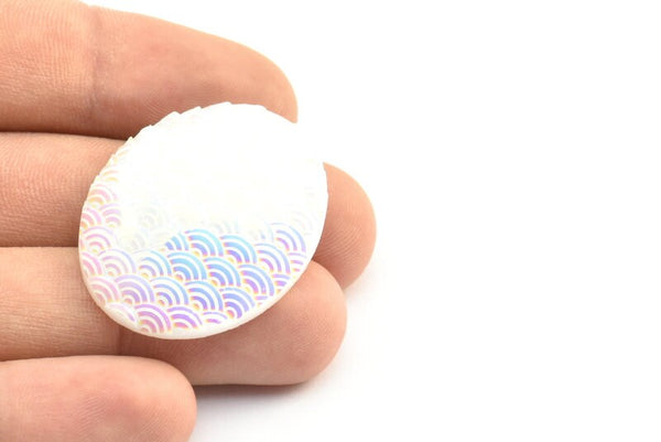Resin Oval Cabochon, 6 White Resin Oval Mermaid Cabochon (39x29.5x6mm) E315