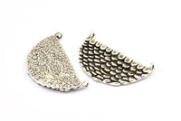 Silver Half Moon, 2 Antique Silver Plated Brass Mermaid Semi Circle Pendants With 2 Loops (32x18x2mm) E241