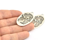 Silver Cat Charm, Antique Silver Plated Brass Cat And Bird Textured Oval Charm With 1 Loop, Blanks (42x24x1.2mm) E218