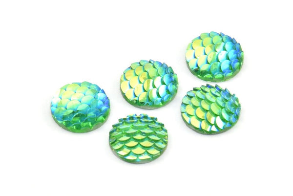 Fish Scale Cabochon, 50 Green Resin Round Cabochon (12x3mm) TS-19 T069