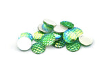 Fish Scale Cabochon, 50 Green Resin Round Cabochon (12x3mm) TS-19 T069