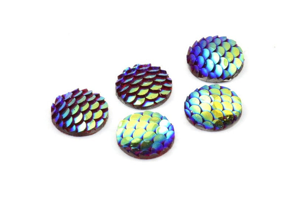 Fish Scale Cabochon, 50 Multi Color Resin Round Cabochon (12x3mm) TS-12 T084
