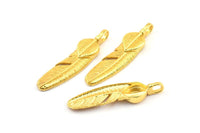 Gold Feather Pendant, 3 Gold Plated Brass Feather Charms, Feather Pendants (35x8mm) N0415