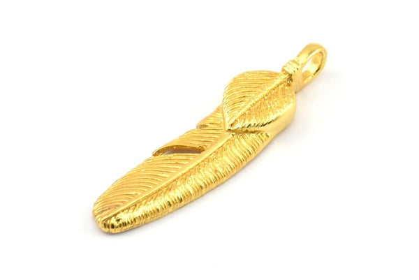 Gold Feather Pendant, 3 Gold Plated Brass Feather Charms, Feather Pendants (35x8mm) N0415