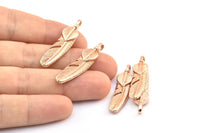 Gül Altın Tüy Kolye, 3 Gül Altın Kaplama Pirinç Tüy Tılsımı, Tüy Kolye Uçları (35x8mm) N0415