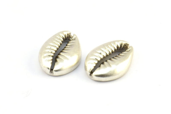 Silver Shell Finding, 2 Antique Silver Plated Brass Cowrie Shell Findings, Pendants, Charms, Earrings, Beads 13-18MM E274