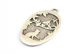 Silver Cat Charm, Antique Silver Plated Brass Cat And Bird Textured Oval Charm With 1 Loop, Blanks (42x24x1.2mm) E218