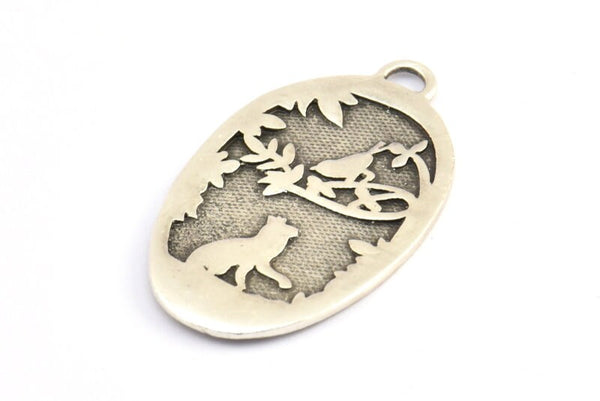Gümüş Kedi Tılsımı, Antik Gümüş Kaplama Pirinç Kedi ve Kuş Dokulu Oval Tılsım, 1 Döngü, Boşluklar (42x24x1,2 mm) E218