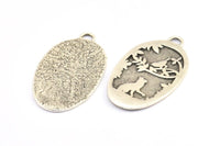 Silver Cat Charm, Antique Silver Plated Brass Cat And Bird Textured Oval Charm With 1 Loop, Blanks (42x24x1.2mm) E218
