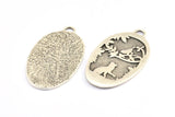 Silver Cat Charm, Antique Silver Plated Brass Cat And Bird Textured Oval Charm With 1 Loop, Blanks (42x24x1.2mm) E218