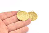 Brass Leaf Charm, 2 Raw Brass Leaf Textured Round Tag Charms With 1 Loop, Blanks (33.5x29.5x1.2mm) E231