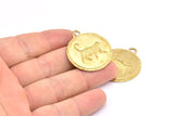 Brass Cat Charm, 2 Raw Brass Cat Textured Round Tag Charms With 1 Loop, Blanks (33.5x29.5x1.5mm) E232