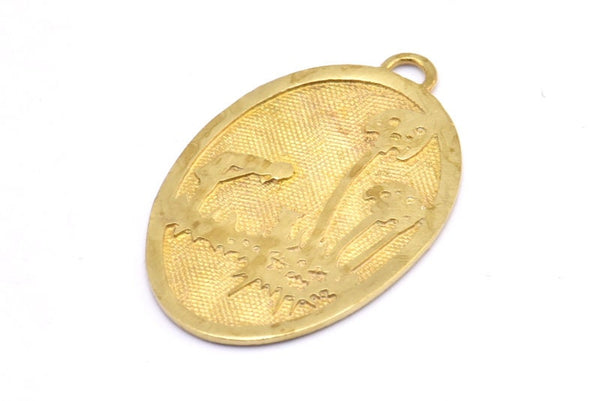 Cat And Kid Charm, 1 Raw Brass Cat And Kid Textured Oval Charms With 1 Loop, Blanks (43x27.5x1.3mm) E221