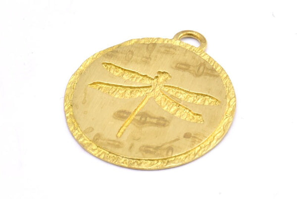 Brass Dragonfly Charm, 2 Raw Brass Dragonfly Textured Round Tag Charms With 1 Loop, Blanks (33.5x29.5x1.2mm) E230
