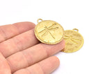 Brass Dragonfly Charm, 2 Raw Brass Dragonfly Textured Round Tag Charms With 1 Loop, Blanks (33.5x29.5x1.2mm) E230