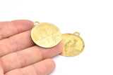Brass Cat Charm, 2 Raw Brass Cat Textured Round Tag Charms With 1 Loop, Blanks (33x29x1.1mm) E227