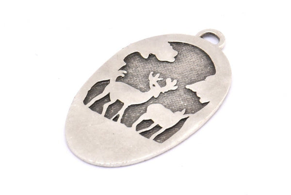 Silver Deer Charm, 1 Antique Siver Plated Brass Deer Textured Oval Charms With 1 Loop, Blanks (43.5x25x1.3mm) E216