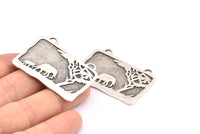 Gümüş Fil Tılsımı, 2 Halkalı, Boşluklu, Antik Gümüş Kaplamalı Pirinç Fil Dokulu Dikdörtgen Tılsım (43,5x27,5x1,3 mm) E233