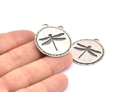 Silver Dragonfly Charm, 2 Antique Silver Plated Brass Dragonfly Textured Round Tag Charms With 1 Loop, Blanks (33.5x29.5x1.2mm) E230